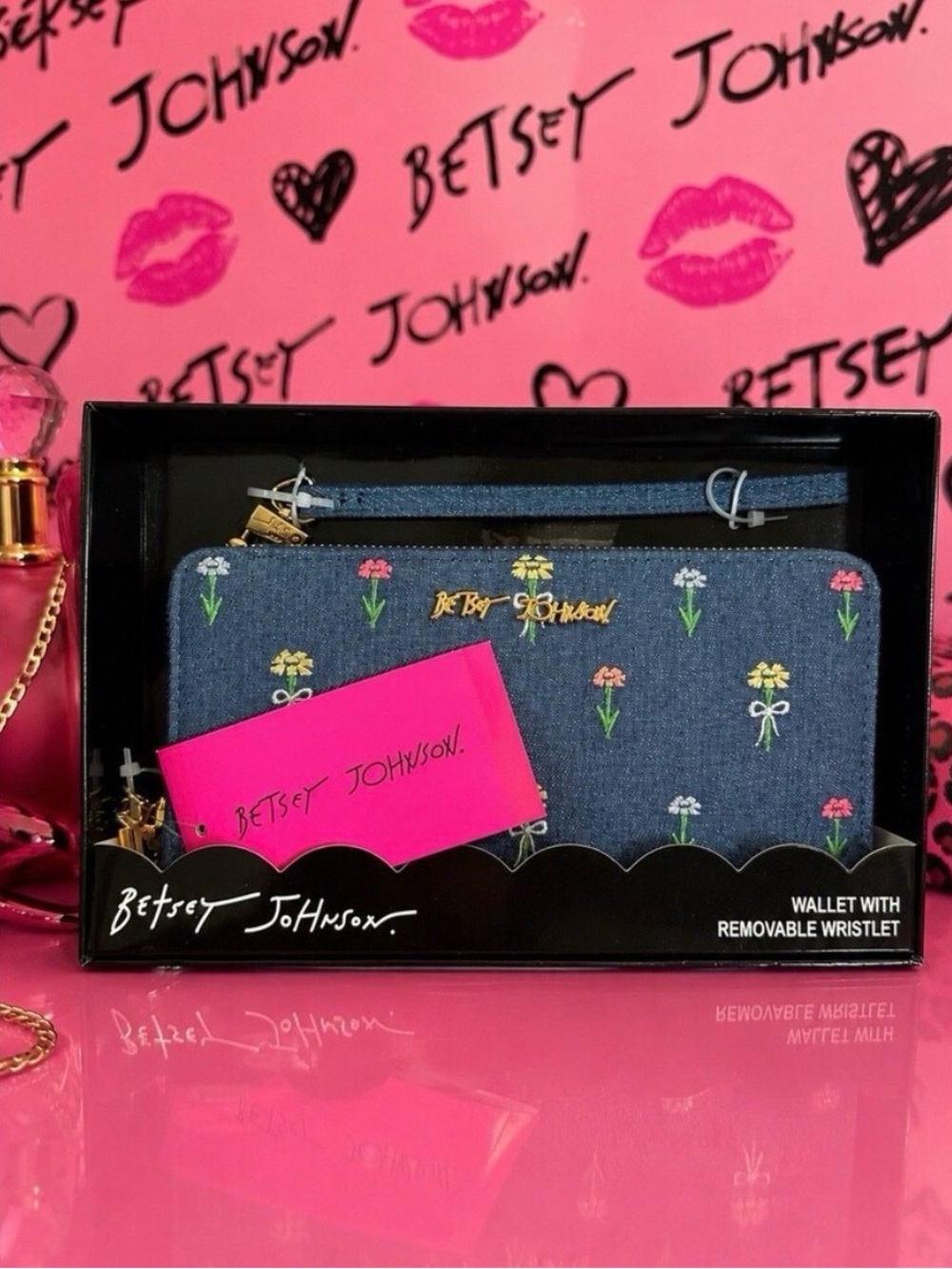 Betsey Johnson Blue Floral Denim Wristlet Wallet